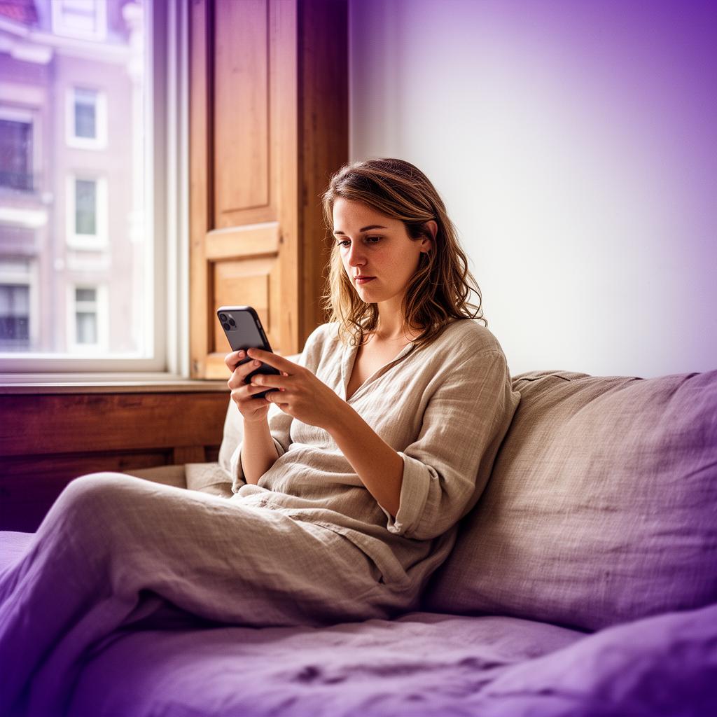 Een Nederlandse vrouw checkt haar telefoon thuis op de bank