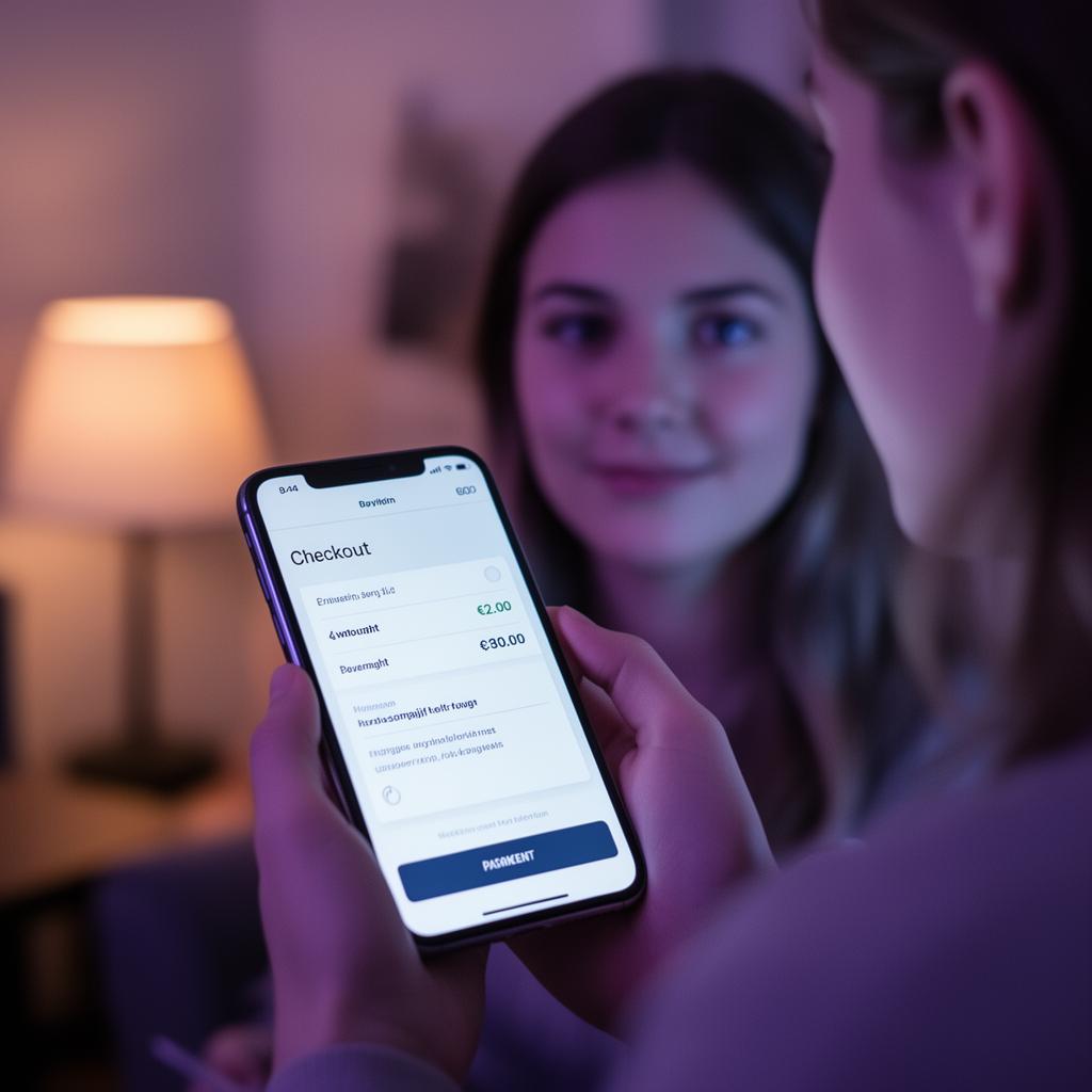 Een Nederlandse vrouw in een huiskamer kijkt naar een checkout-scherm op haar telefoon
