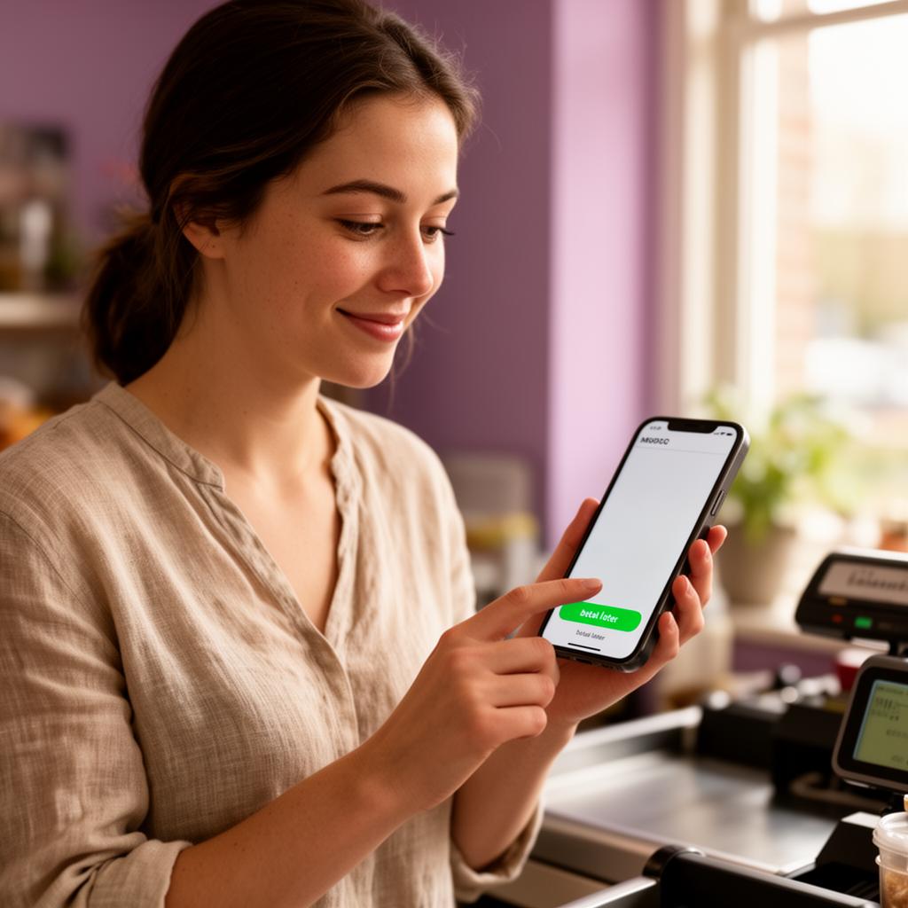 Een Nederlandse vrouw kiest bij de kassa op haar telefoon voor 'later betalen', niet uit noodzaak, maar voor het gemak van eerst zien dan betalen.