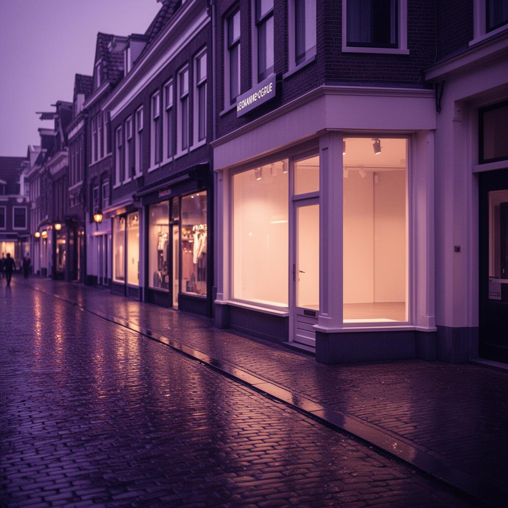 Een rustige Nederlandse winkelstraat in de schemering
