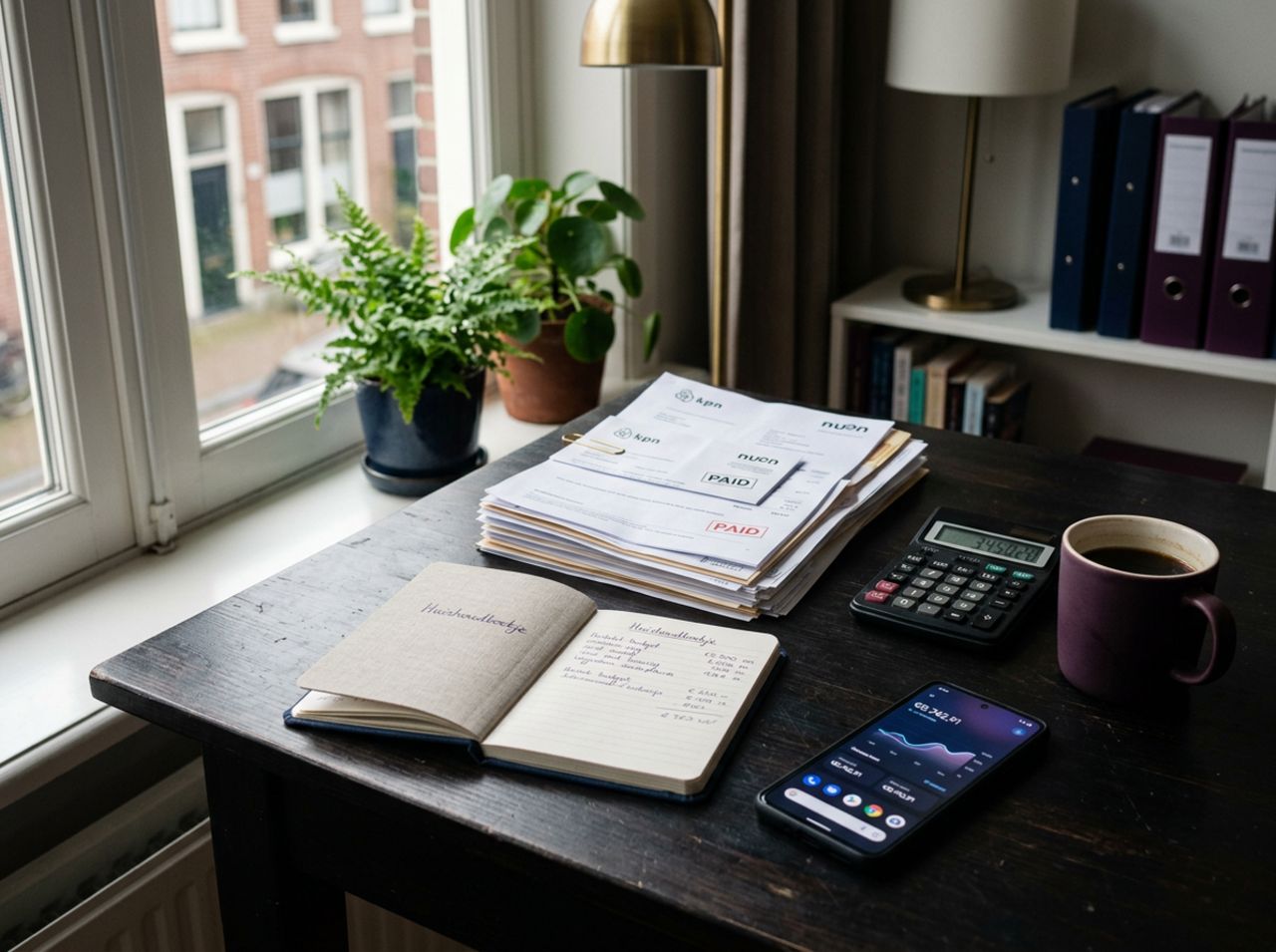 Een Nederlands bureau bij het raam met budgetboekje, paid invoices, calculator en koffie