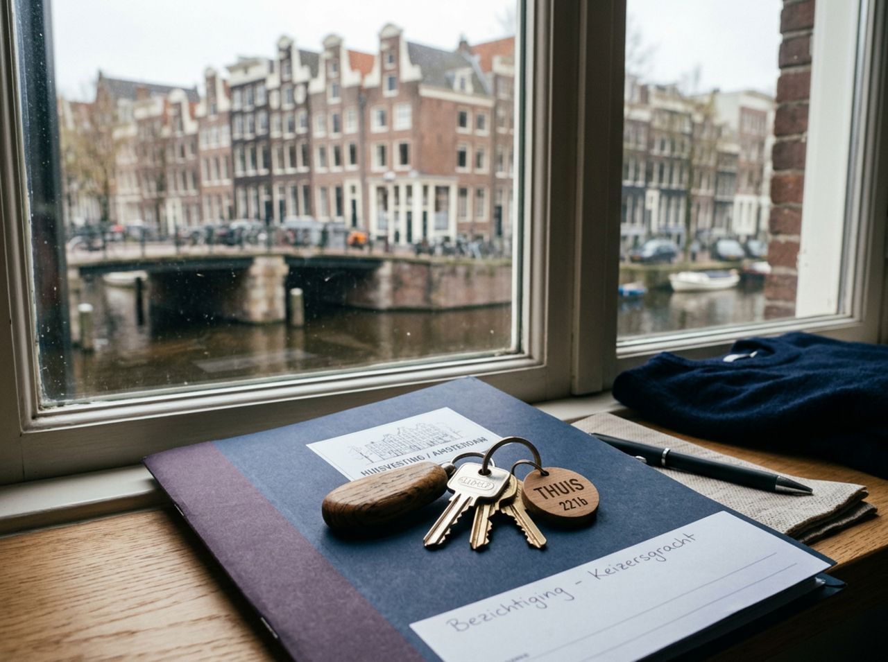 Sleutels op een huurmap voor een raam met uitzicht op Amsterdamse grachtenpanden