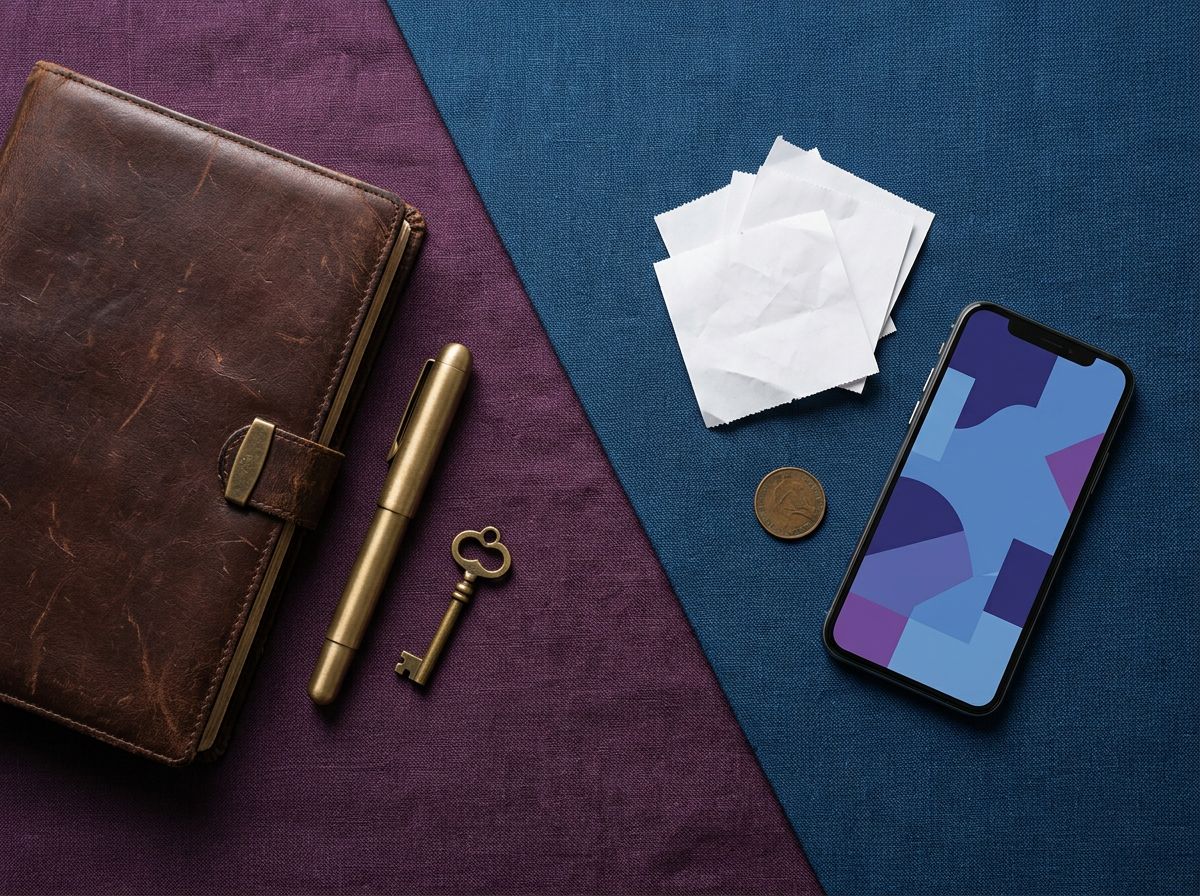 Diagonale split tussen een leren agenda met sleutel en pen, en lege bonnetjes met smartphone, financieren versus betalen