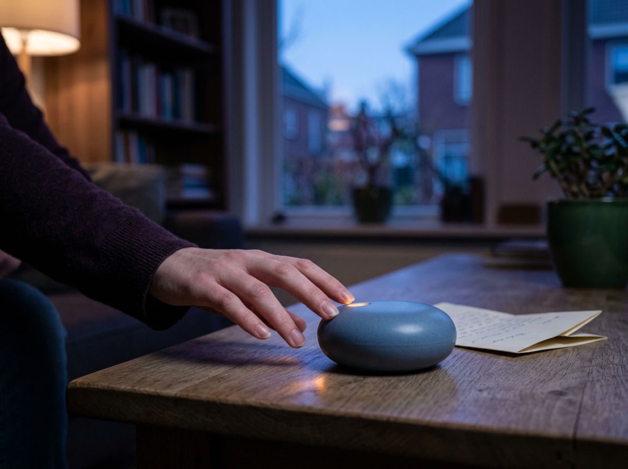 Een hand reikt naar een klein device met zacht signaallichtje op een houten tafel, vroege signalering